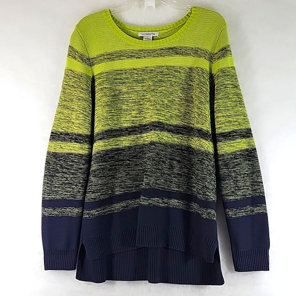 LIZ CLAIBORNE Ombre Neon Yellow Green To Navy Blue Sweater Size L - Picture 1 of 7